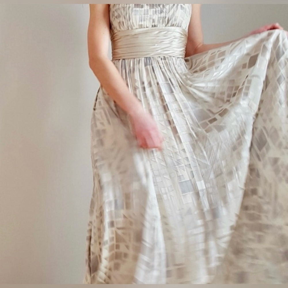 NWT - BCBGMaxAzria Long Chiffon Silk Flowy Silvery-Beige 
Gown - Picture 6 of 11